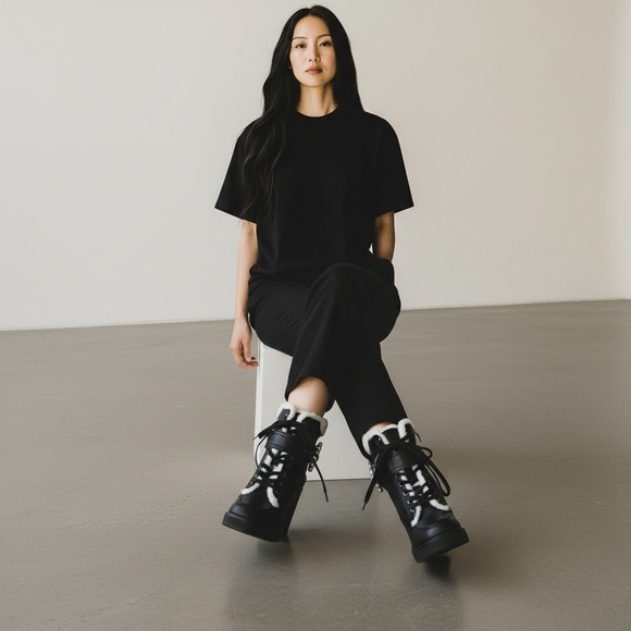 Karl Lagerfeld Paris Dottie Faux Fur Block Heel Leather Booties Size 7 - Picture 3 of 12